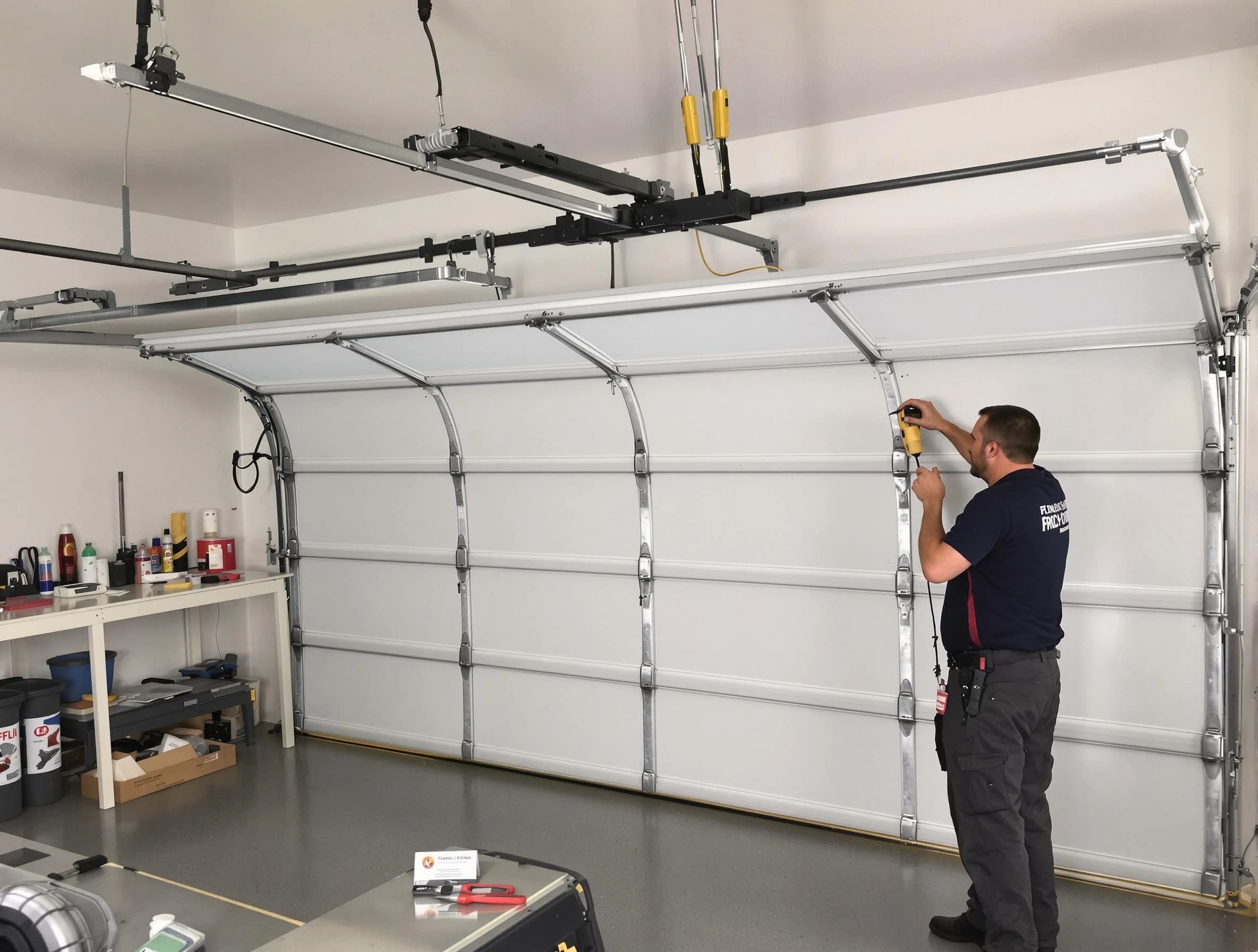 Englewood Garage Door Repair certified technician performing overhead door system repair in Englewood