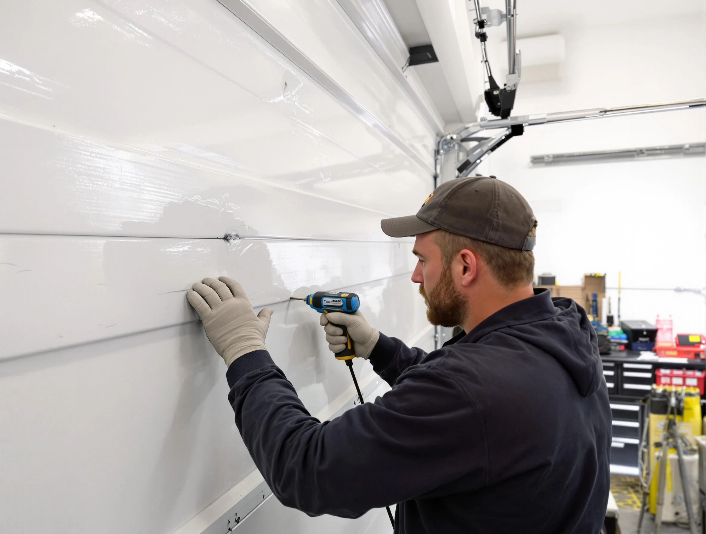 Englewood Garage Door Repair technician demonstrating precision dent removal techniques on a Englewood garage door